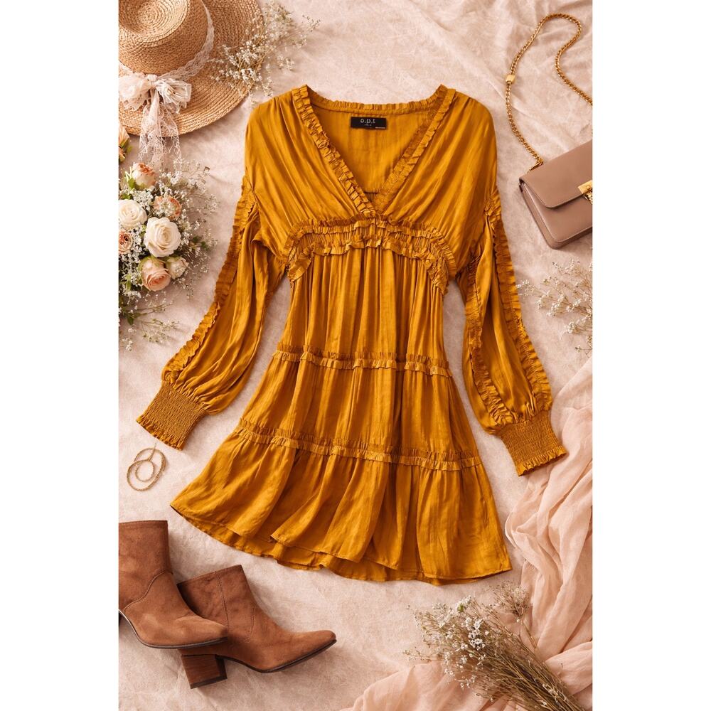 O.P.T Mustard Gold Ruffle Mini Dress XL Boho Romantic Tiered Drop Waist